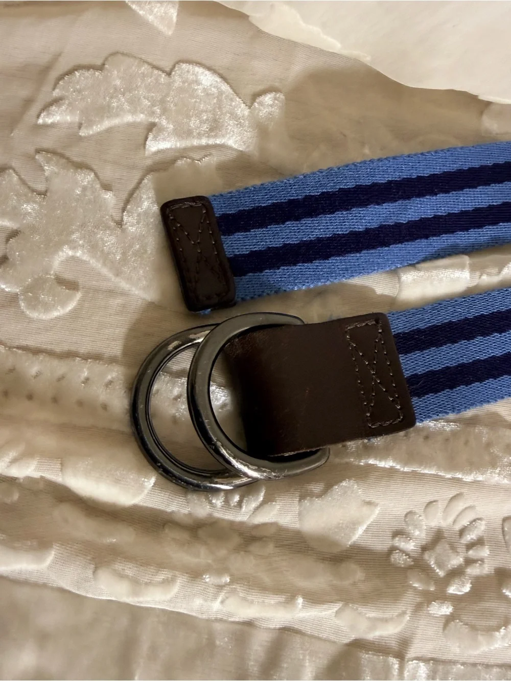 Vineyard Vines Shep & Ian D Ring Belt Size S Blue Navy Stripe Leather Trim 36”